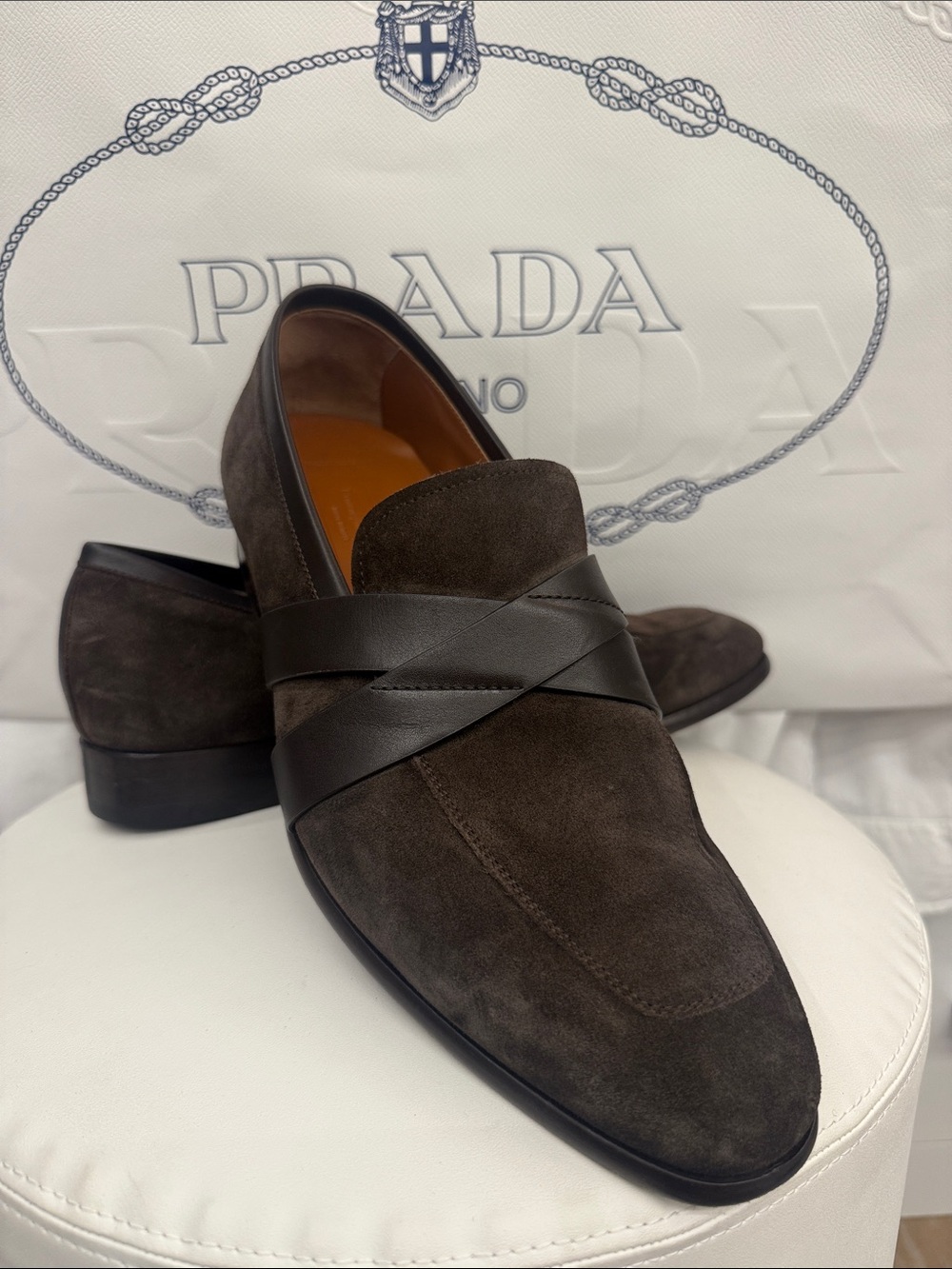 Ermenegildo Zegna Dark Brown Suede Slip-On Loafers with Leather Strap